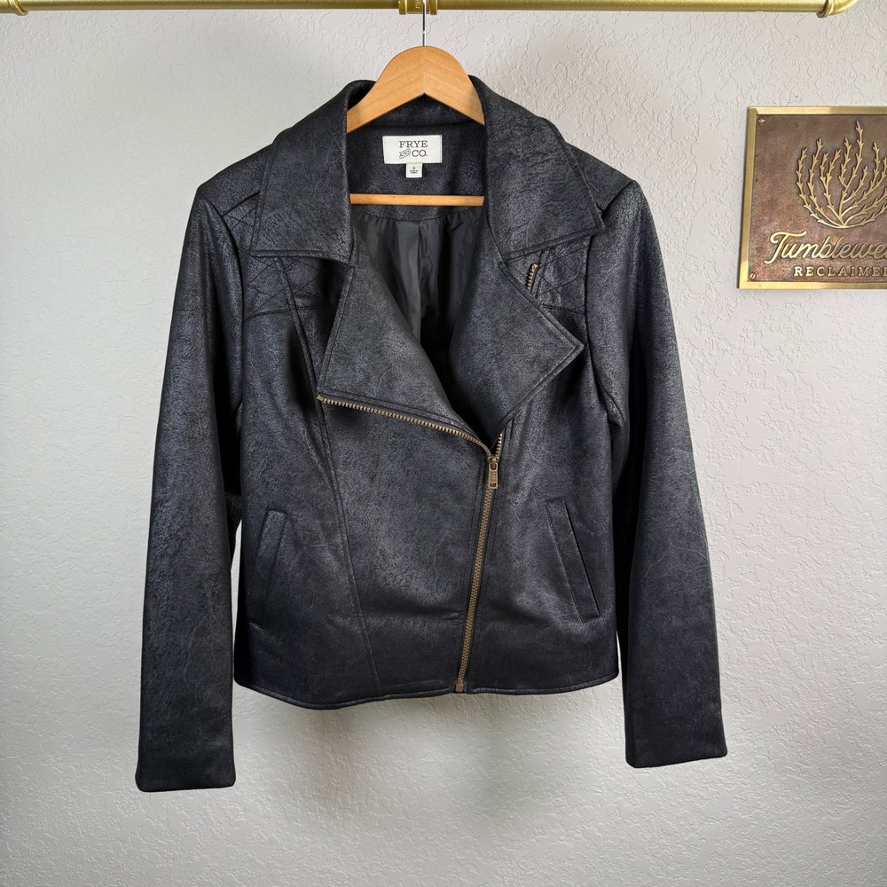 Frye and Co Womens Black Faux Leather Moto Jacket Quilted‎ Shoulder Small NWT